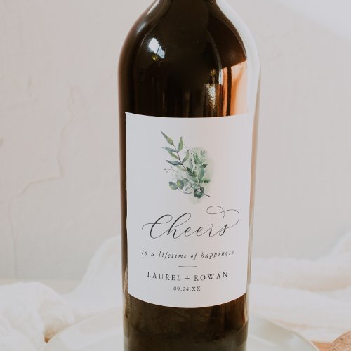 Elegant Greenery Cheers Wedding Wine Labels