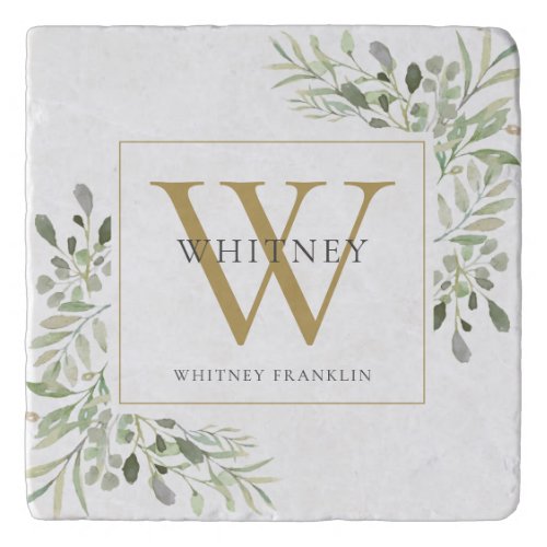 Elegant Greenery Chic Gold Monogram Trivet