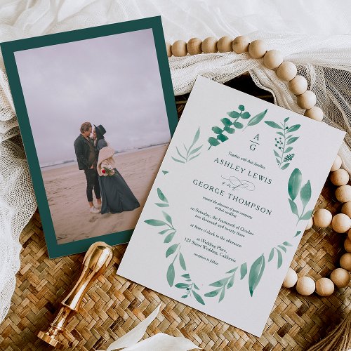 Elegant greenery chic watercolor photo wedding invitation