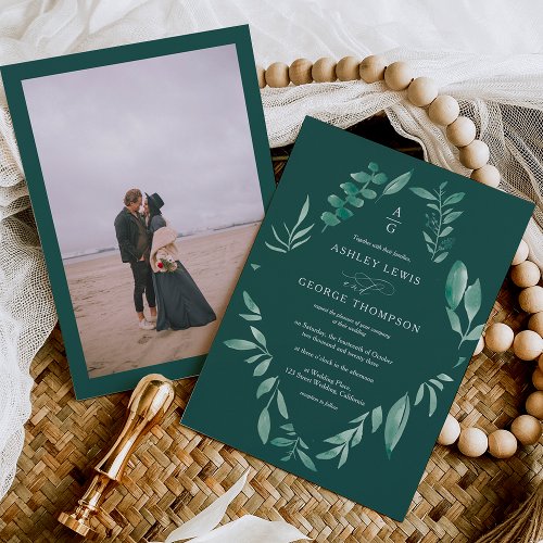 Elegant greenery chic watercolor photo wedding invitation