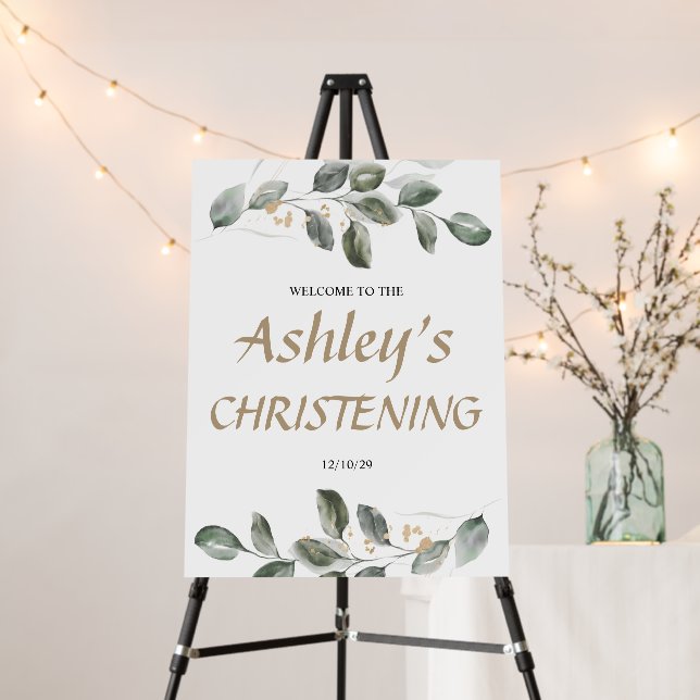 Elegant Greenery Christening Welcome Board (In Situ (Stand))