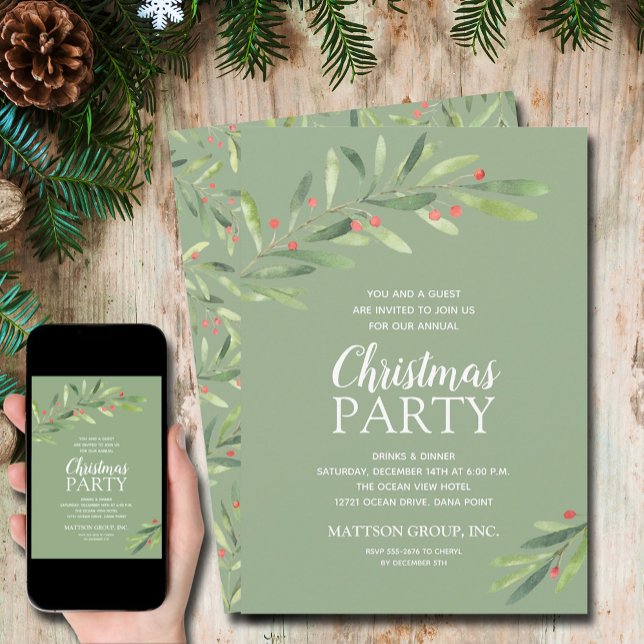 Elegant Greenery Christmas Party Invitation (Elegant Greenery Christmas Holiday Invitations - INSTANT DOWNLOAD and/or PRINTED)