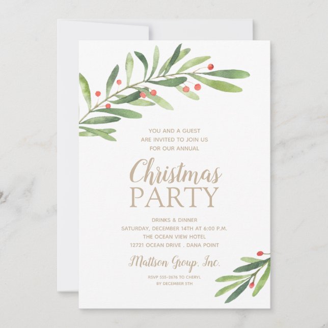 Elegant Greenery Christmas Party Invitations (Front)