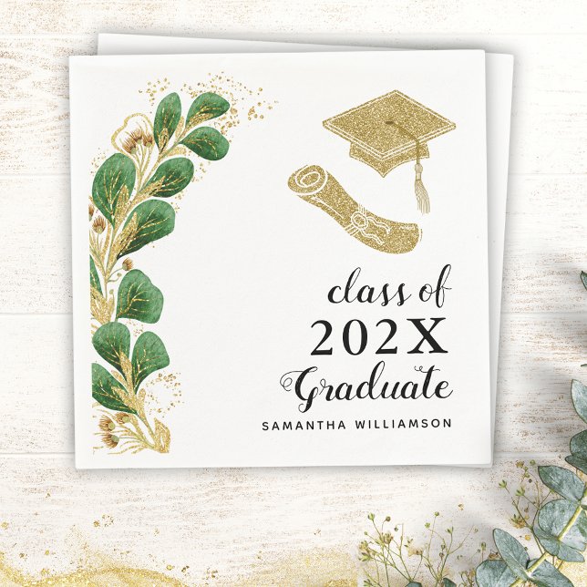 Elegant Greenery Class of 2025 Graduation Napkins (Custom Elegant Graduation Napkins with Greenery, Grad's Cap and Diploma Illustrations)