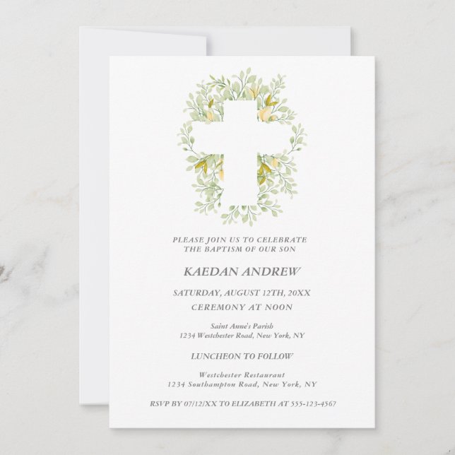 Elegant Greenery Cream Floral Baptism Invitation (Front)