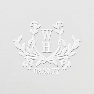 Elegant Greenery Crest Monogram Wedding Date Embosser