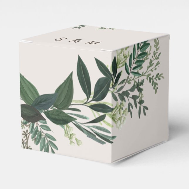 Elegant Greenery Custom Monogram cube Favor Box (Front Side)