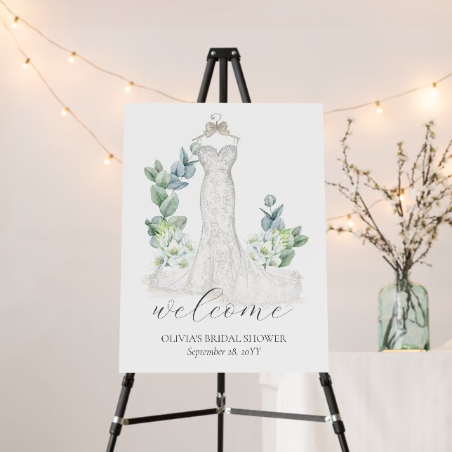 Elegant Greenery Dress Bridal Shower Welcome Sign (In Situ (Stand))