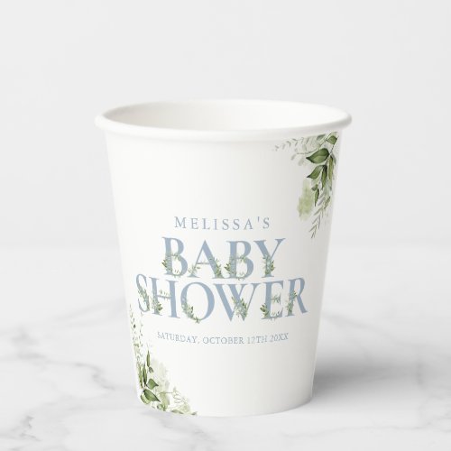 Elegant Greenery Dusty Blue Baby Shower Paper Cups