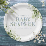 Elegant Greenery Dusty Blue Baby Shower Paper Plates<br><div class="desc">An elegant baby shower paper plate featuring chic dusty blue typography and pretty botanical greenery foliage. Designed by Thisisnotme©</div>