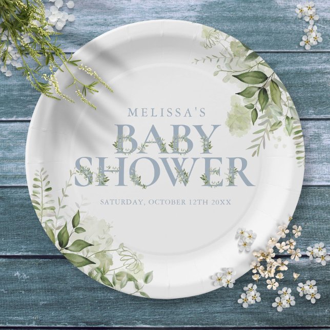 Elegant Greenery Dusty Blue Baby Shower Paper Plates (Elegant Greenery Dusty Blue Baby Shower Paper Plates)