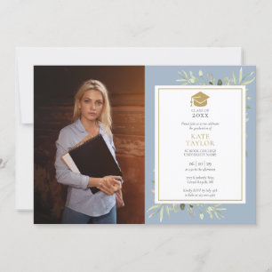 Elegant Greenery Dusty Blue Graduation Party Photo Invitation
