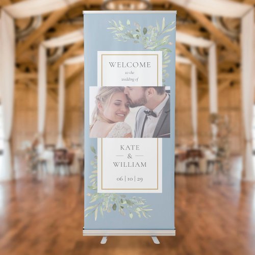 Elegant Greenery Dusty Blue Photo Wedding Welcome Retractable Banner