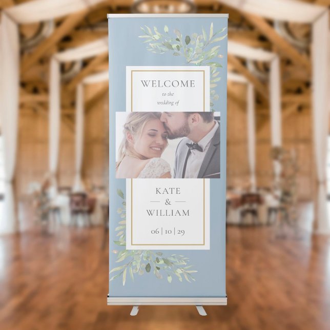 Elegant Greenery Dusty Blue Photo Wedding Welcome Retractable Banner (Creator Uploaded)