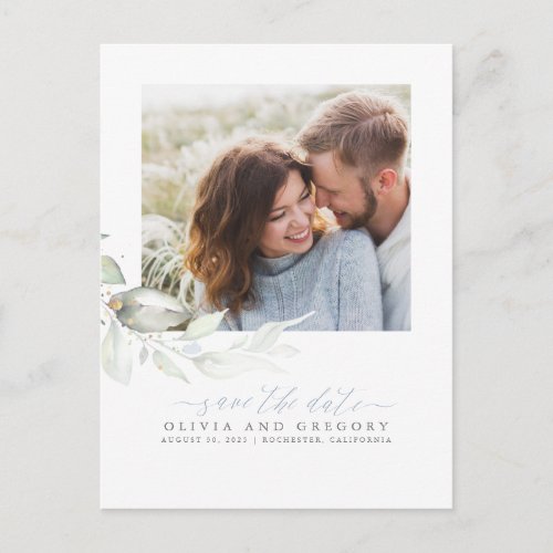 Elegant Greenery Dusty Blue Save the Date Photo Announcement Postcard
