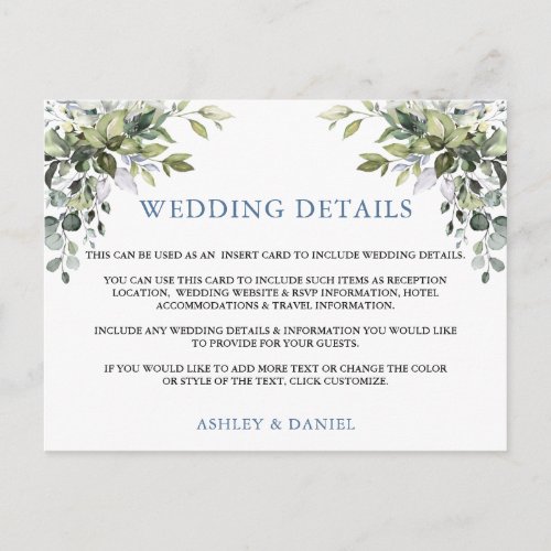 Elegant Greenery Dusty Blue Wedding Details Card