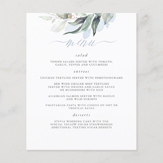 Elegant Greenery Dusty Blue Wedding Menu Flyer (Front)