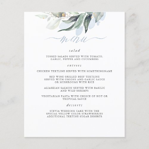 Elegant Greenery Dusty Blue Wedding Menu Flyer