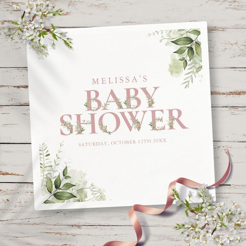 Elegant Greenery Dusty Rose Baby Shower Napkins