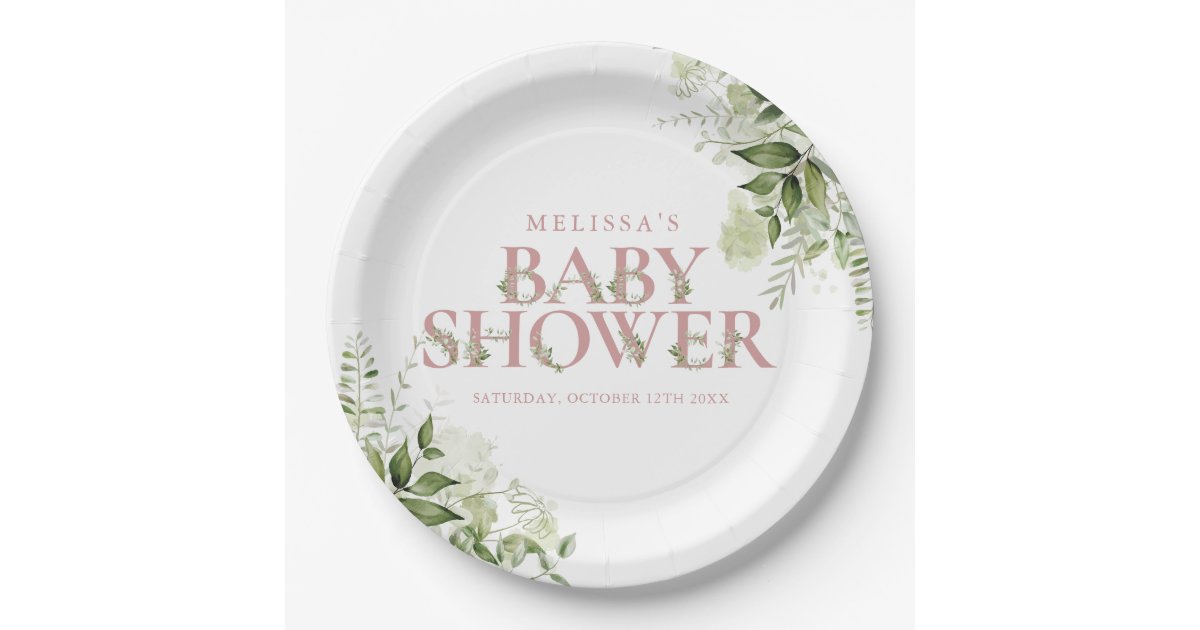 Elegant Greenery Dusty Rose Girl Baby Shower Paper Plates Zazzle
