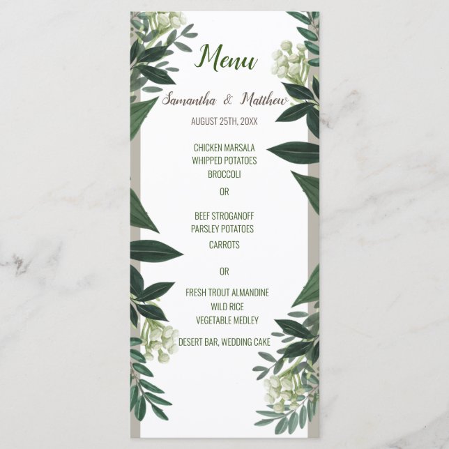 Elegant Greenery Editable Wedding Dinner Menu (Front)