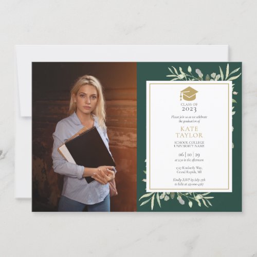 Elegant Greenery Emerald Graduation Party Photo Invitation