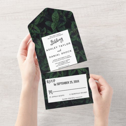 Elegant greenery emerald green floral all in one invitation