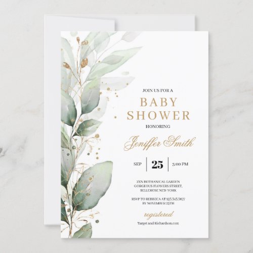 Elegant greenery eucalyptus and gold baby shower invitation