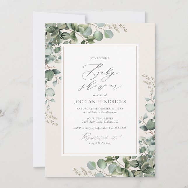 Elegant Greenery Eucalyptus Baby Shower Invitation (Front)