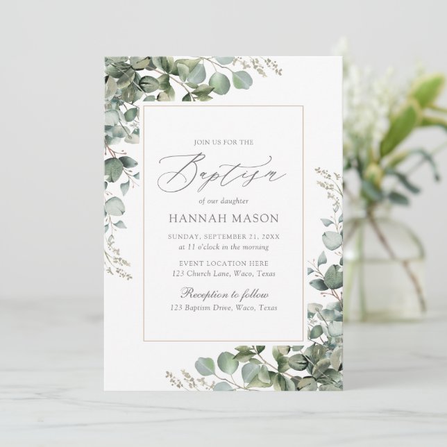 Elegant Greenery Eucalyptus Baptism Invitation (Standing Front)
