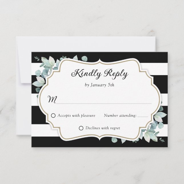 Elegant Greenery Eucalyptus Black White Wedding RSVP Card (Front)