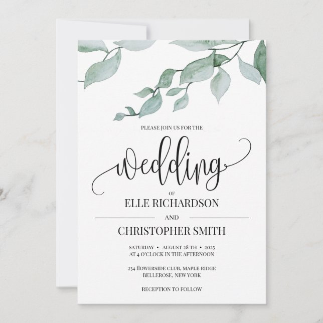 Elegant greenery eucalyptus boho rustic wedding invitation (Front)