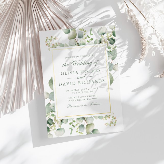 Elegant Greenery Eucalyptus Botanical Wedding Gold Foil Invitation (Elegant Greenery Eucalyptus Botanical Wedding Gold Foil Invitation on a sunny white table.)