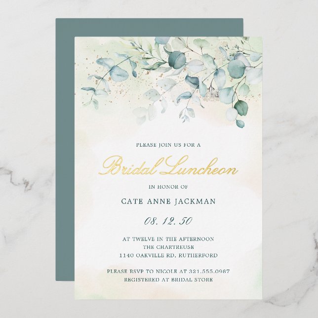 Elegant Greenery Eucalyptus Bridal Luncheon Gold Foil Invitation (Front/Back)