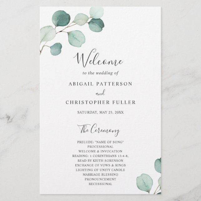 Elegant Greenery Eucalyptus Budget Wedding Program Flyer (Front)