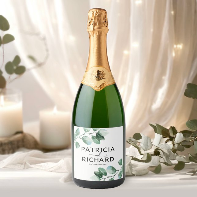 Elegant Greenery Eucalyptus Calligraphy Wedding Sparkling Wine Label (Creator Uploaded)