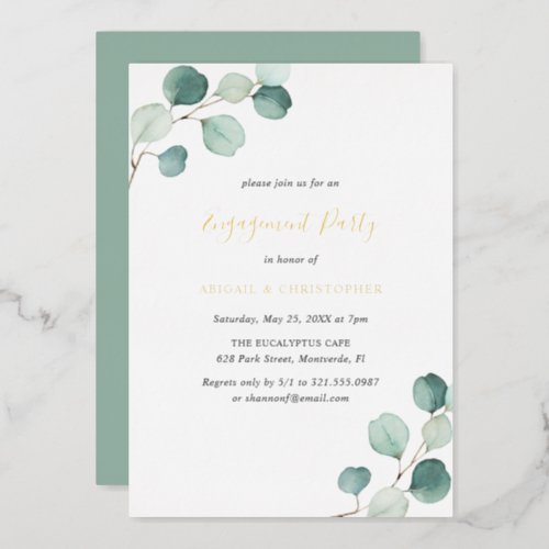 Elegant Greenery Eucalyptus Engagement Party Gold Foil Invitation