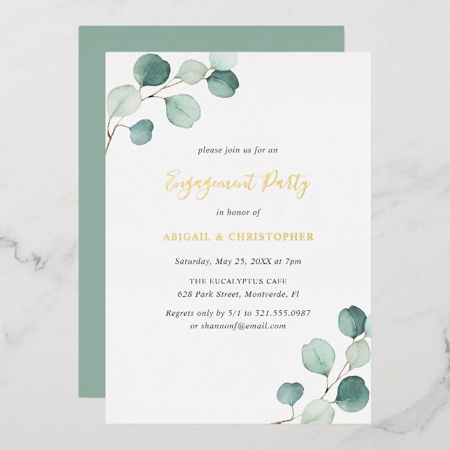 Elegant Greenery Eucalyptus Engagement Party Gold Foil Invitation (Front/Back)