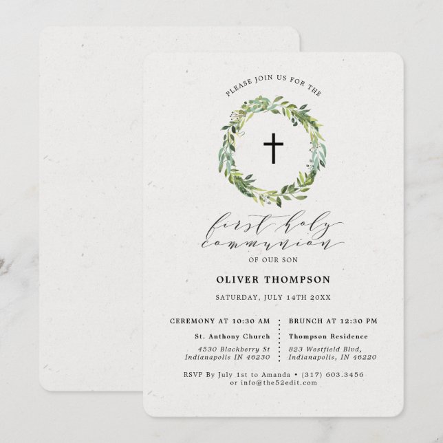 Elegant Greenery Eucalyptus First Communion Invitation (Front/Back)