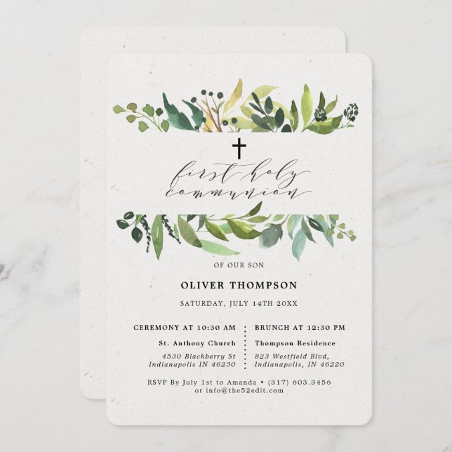 Elegant Greenery Eucalyptus First Communion Invitation (Front/Back)