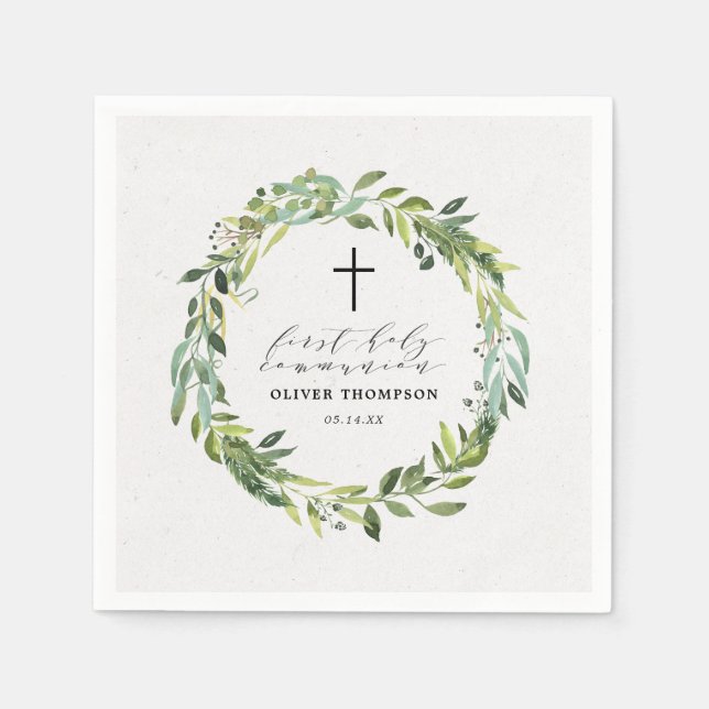 Elegant Greenery Eucalyptus First Communion Paper Napkins (Front)