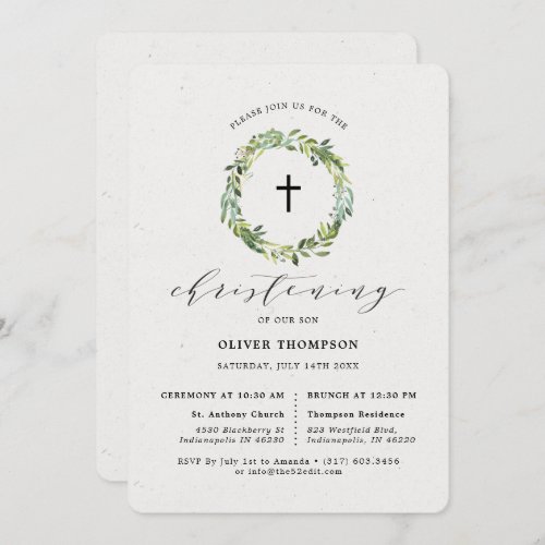 Elegant Greenery Eucalyptus Foliage Christening Invitation