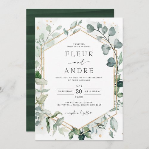 Elegant Greenery Eucalyptus Geometric Gold Wedding Invitation
