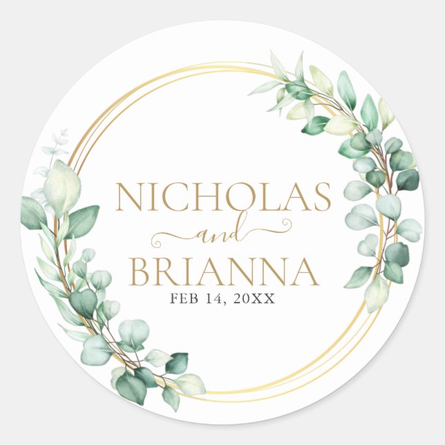 Elegant Greenery Eucalyptus Gold Botanical Wedding Classic Round Sticker (Front)