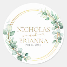 Elegant Greenery Eucalyptus Gold Botanical Wedding Classic Round Sticker