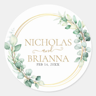 Elegant Greenery Eucalyptus Gold Botanical Wedding Classic Round Sticker
