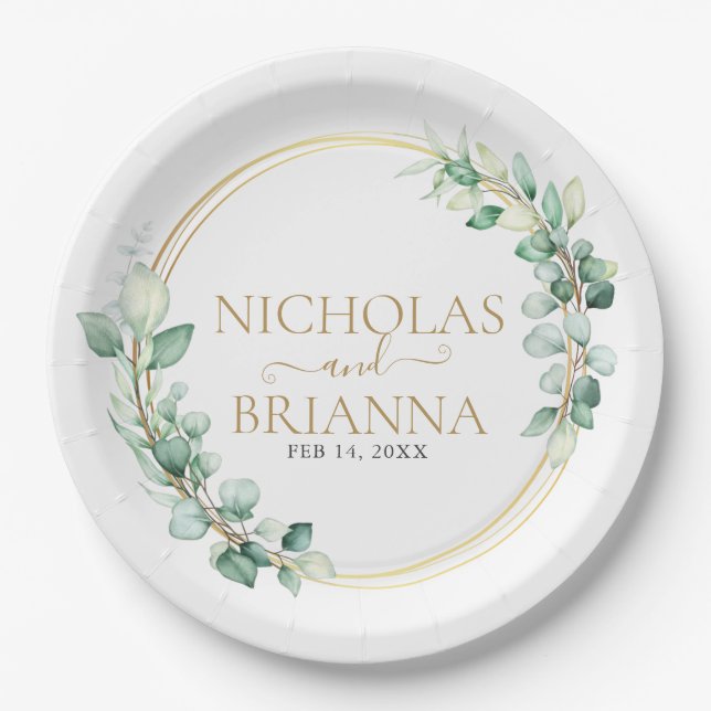 Elegant Greenery Eucalyptus Gold Botanical Wedding Paper Plates (Front)