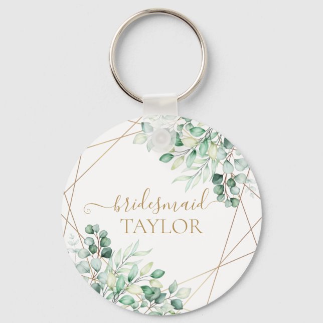 Elegant Greenery Eucalyptus Gold Bridesmaid Keychain (Front)