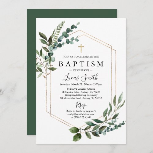 Elegant Greenery Eucalyptus Gold Cross Baptism Invitation