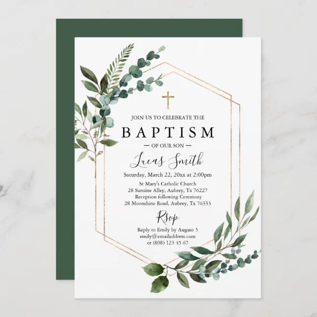 Elegant Greenery Eucalyptus Gold Cross Baptism Invitation | Zazzle